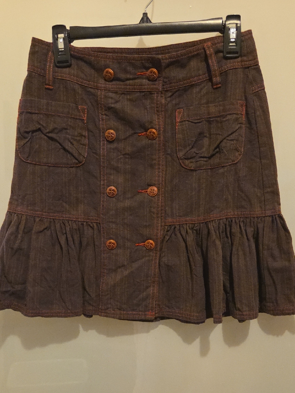 Women’s Brown Button-Front Ruffle Hem Skirt